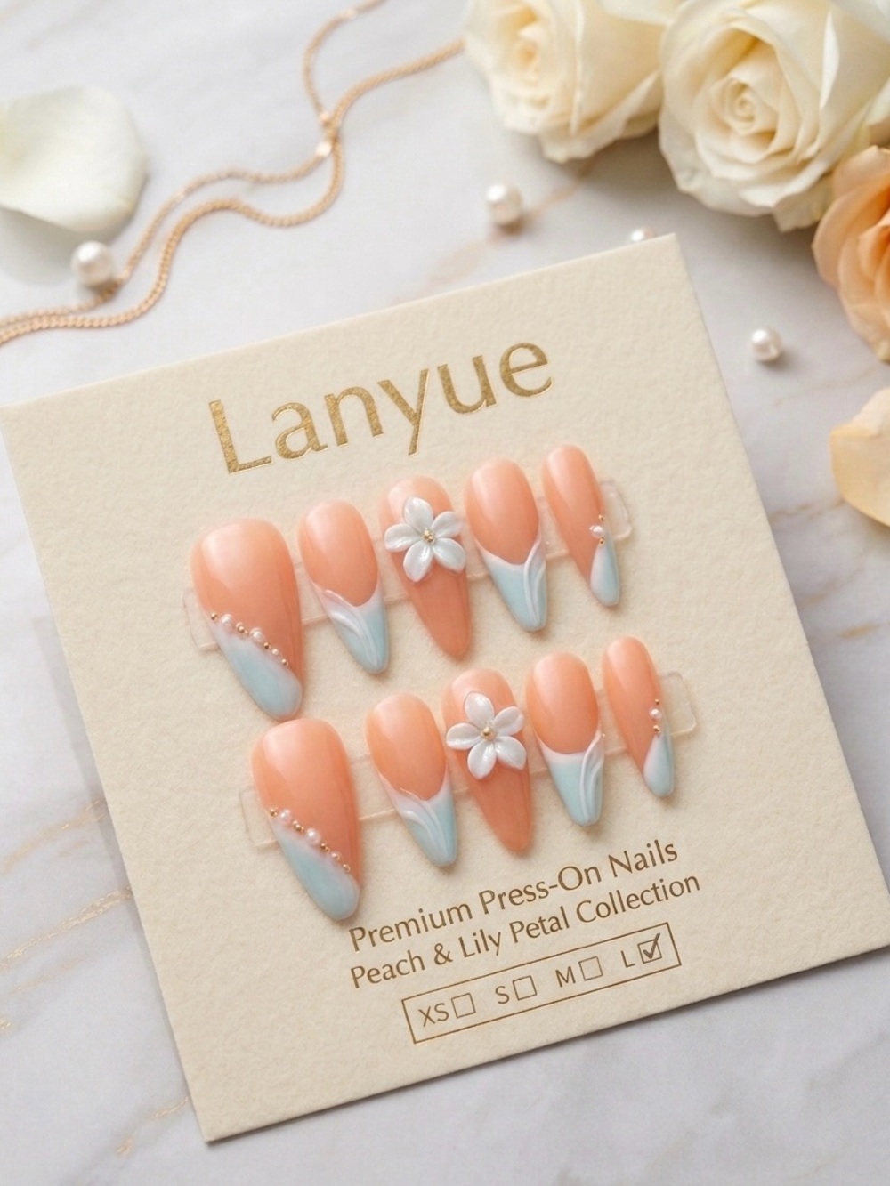 Peach & White 3D Floral Press-On Nails